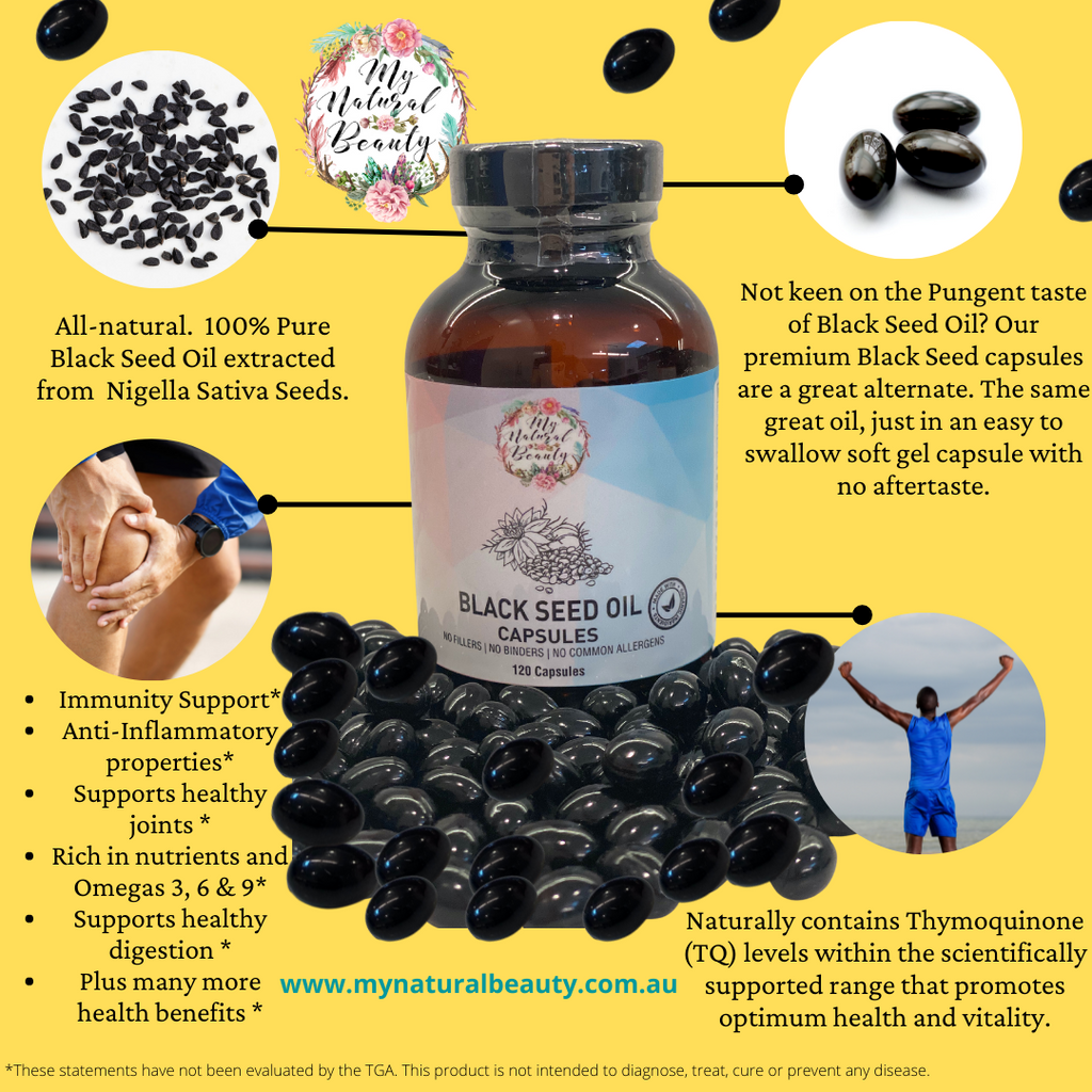 My Natural Beauty’s Black Seed Oil Capsules contain 100% Pure Black Seed Oil.