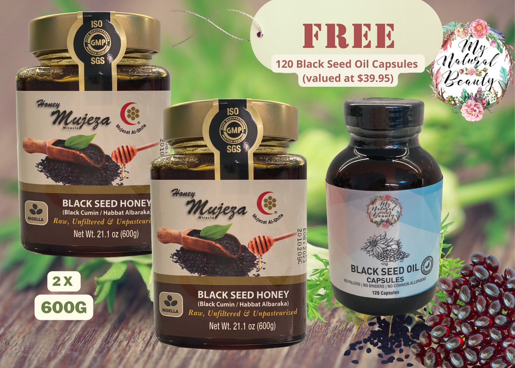 Mujeza Black Seed Honey (Black Cumin)- 2x 600g  RECEIVE A FREE GIFT- 120 Black Seed Oil Capsules (valued at $39.95)