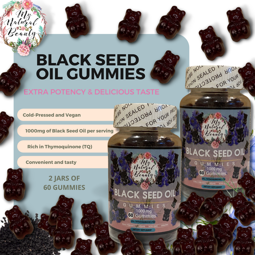 BLACK SEED OIL GUMMIES- 120 Gummies (2 jars of 60)     You will receive 2x jars of 60 gummies (120 gummies total). You will also receive free shipping Australia Wide! Save $10.00. Usually $39.95 per jar.   BLACK SEED OIL GUMMY BEARS. COLD-PRESSED.  MAXIMUM POTENCY. VEGAN. NON-GMO.      1000mg of Black Seed Oil per serving. 2% Thymoquinone (TQ).