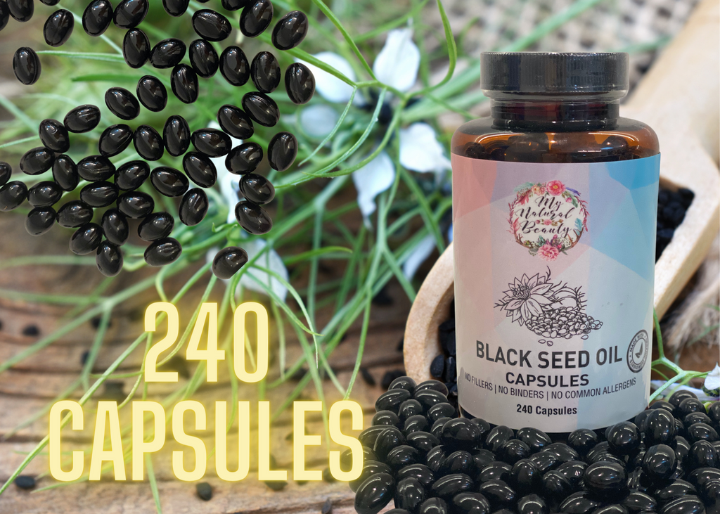   100% PURE AND NATURAL ORGANIC BLACK SEED OIL CAPSULES (NIGELLA SATIVA OIL) (COLD-PRESSED)        Ingredients: 100% Pure Black Seed Oil (Nigella Sativa) (Cold-Pressed), soft gel capsule.   240 capsules provides 120 servings of two capsules. Each serving contains 900mg of Black Seed Oil. This is a 4 month supply.
