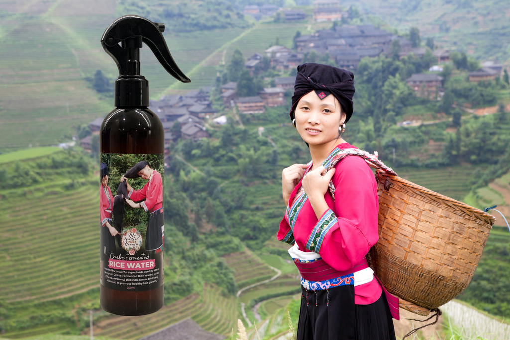 ABOUT FERMENTED RICE WATER   Fermented rice water truly is a wonder ingredient for hair growth. The product is inspired by a village called Huangluo in China, where the women have the most incredible long hair. The Yao women, who live in this village, are famed for having hair that averages 6 feet long due to bathing their hair in rice water.