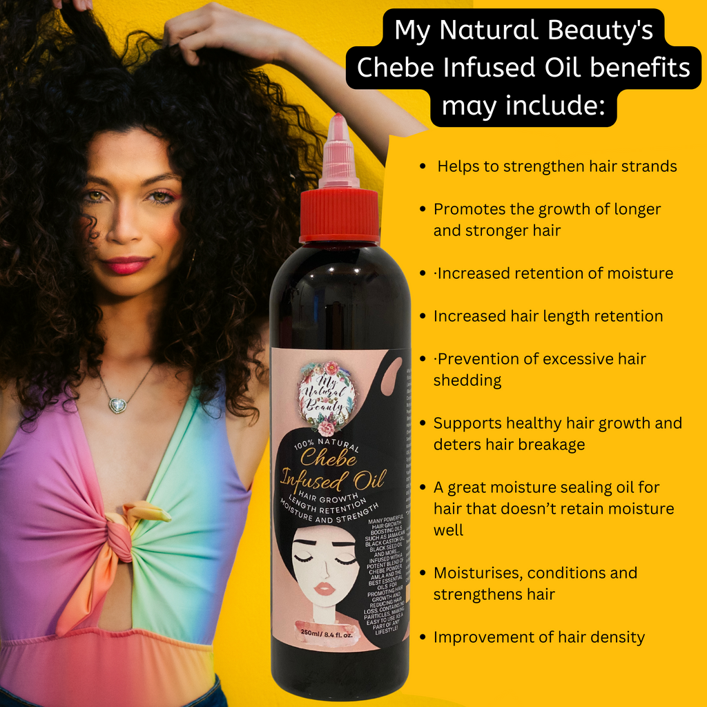 My Natural Beauty Chebe Infused Oil benefits may include:     ·      Helps to strengthen hair strands  ·      Promotes the growth of longer and stronger hair  ·      Increased retention of moisture   ·      Increased hair length retention