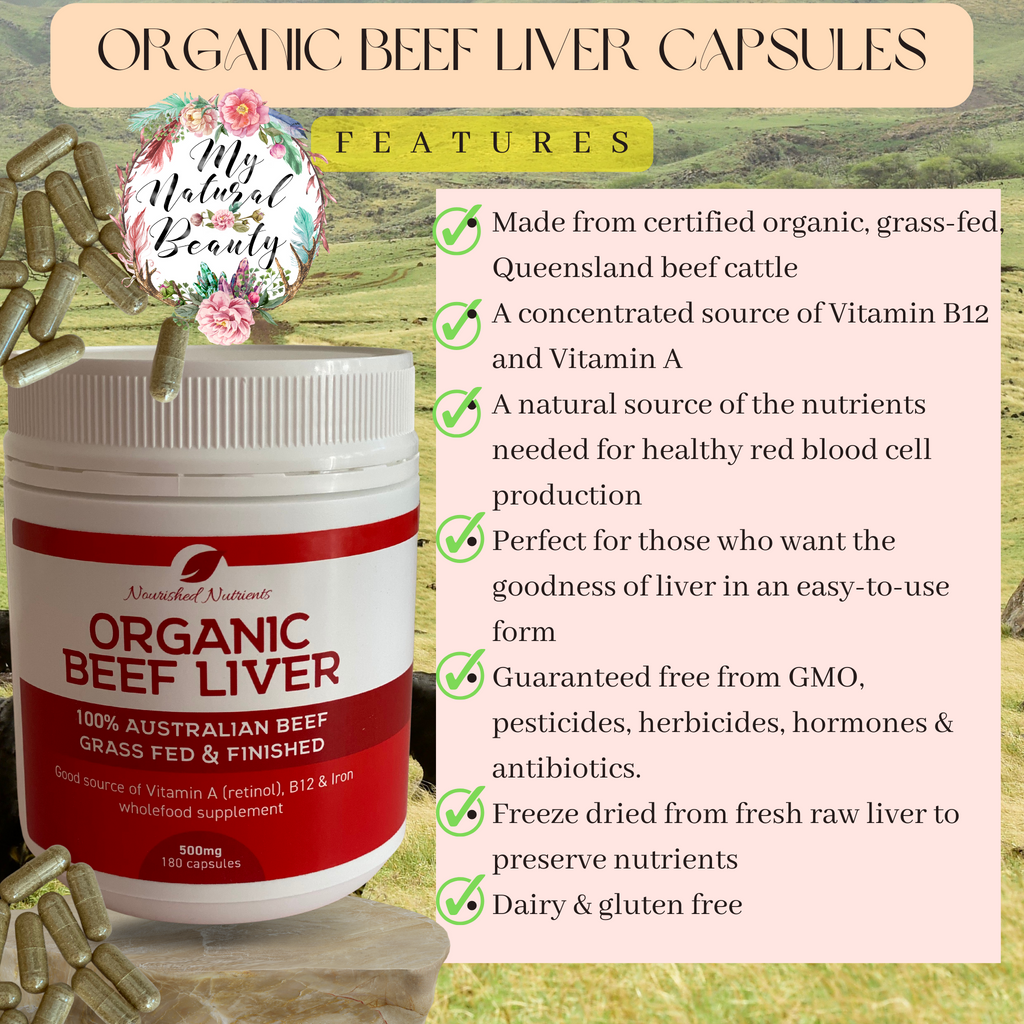 Organic Beef Liver capsules Nourished Nutrients- 100% Australian Beef- Grass Fed and Finished  500mg