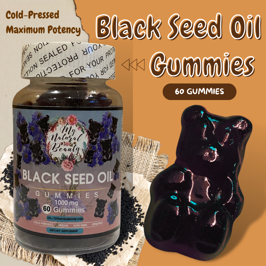  BLACK SEED OIL GUMMIES- 60 Gummies    BLACK SEED OIL GUMMY BEARS. COLD-PRESSED.  MAXIMUM POTENCY. VEGAN. NON-GMO.    1000mg of Black Seed Oil per serving. 2% Thymoquinone (TQ).