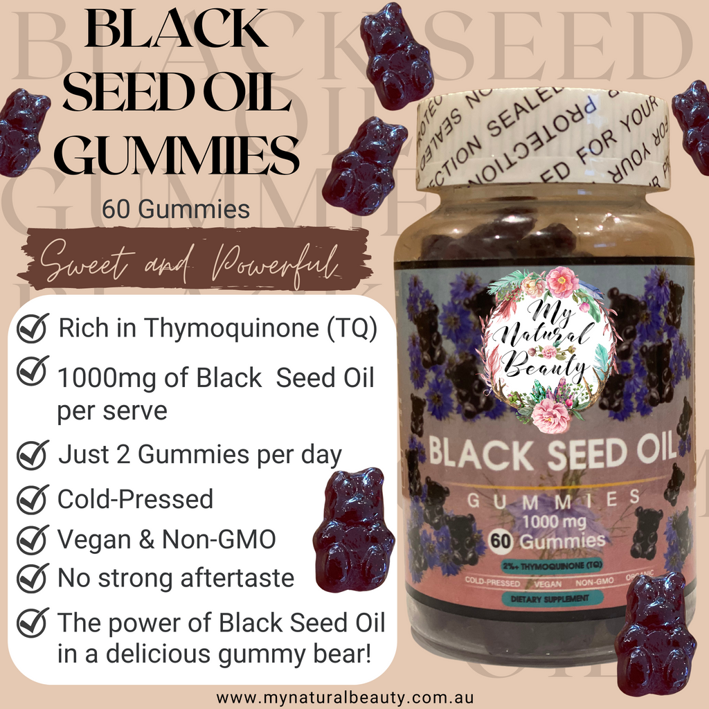 BLACK SEED OIL GUMMIES Australia- 60 Gummies    BLACK SEED OIL GUMMY BEARS. COLD-PRESSED.  MAXIMUM POTENCY. VEGAN. NON-GMO.    1000mg of Black Seed Oil per serving. 2% Thymoquinone (TQ).