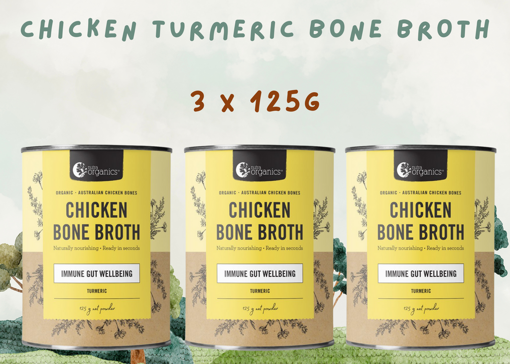 BRAND: Nutra Organics   Chicken Bone Broth Turmeric is naturally nourishing with curcumin, zinc & B vitamins to support immunity, energy and gut wellbeing.~ Ready in seconds, as tasty and nutritious as homemade and easy to take on the go!