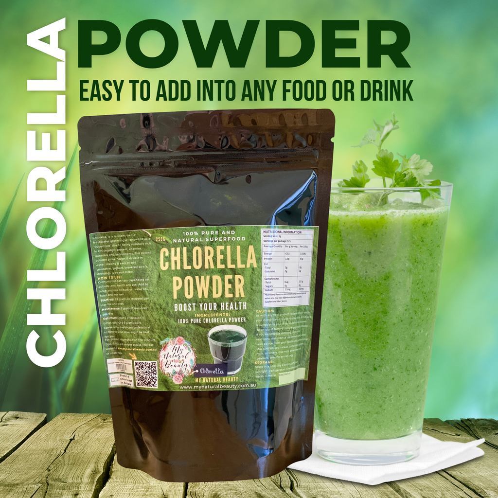 Chlorella Powder- 250g  100% Pure Chlorella Powder, Nothing Added, No Fillers, No Nasties  100% Pure and Natural Superfood. Boost your health.    Chlorella, is a nutrient-dense freshwater green-algae and is renowned as a ‘Superfood’ due to being naturally rich in Chlorophyll, protein, vitamins, minerals and antioxidants. This potent powder powerhouse is soluble in water, making it easy to add to water, smoothies, juice and more!