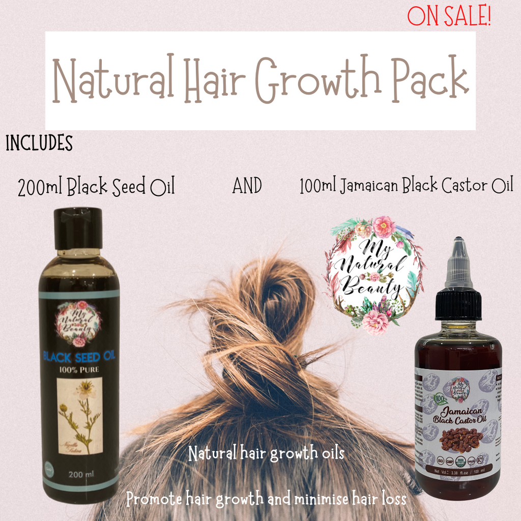 Natural Hair Growth Oils Pack- 100ml Jamaican Black Castor Oil  & 200ml Black Seed Oil  The ultimate Natural hair growth pack! 100ml 100% Pure Organic Jamaican Black Castor Oil and 200ml 100% Pure Black Seed Oil. Two amazing oils that are popular for promoting hair growth and reducing hair loss.