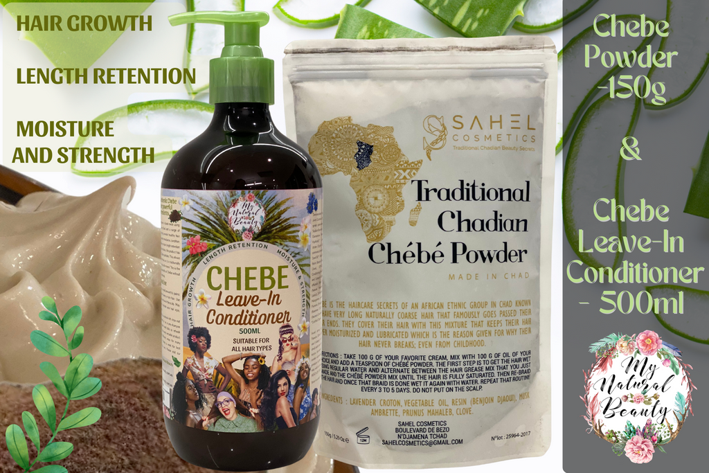 Chebe Powder (150g) and Chebe Leave in Conditioner (500ml) value pack.