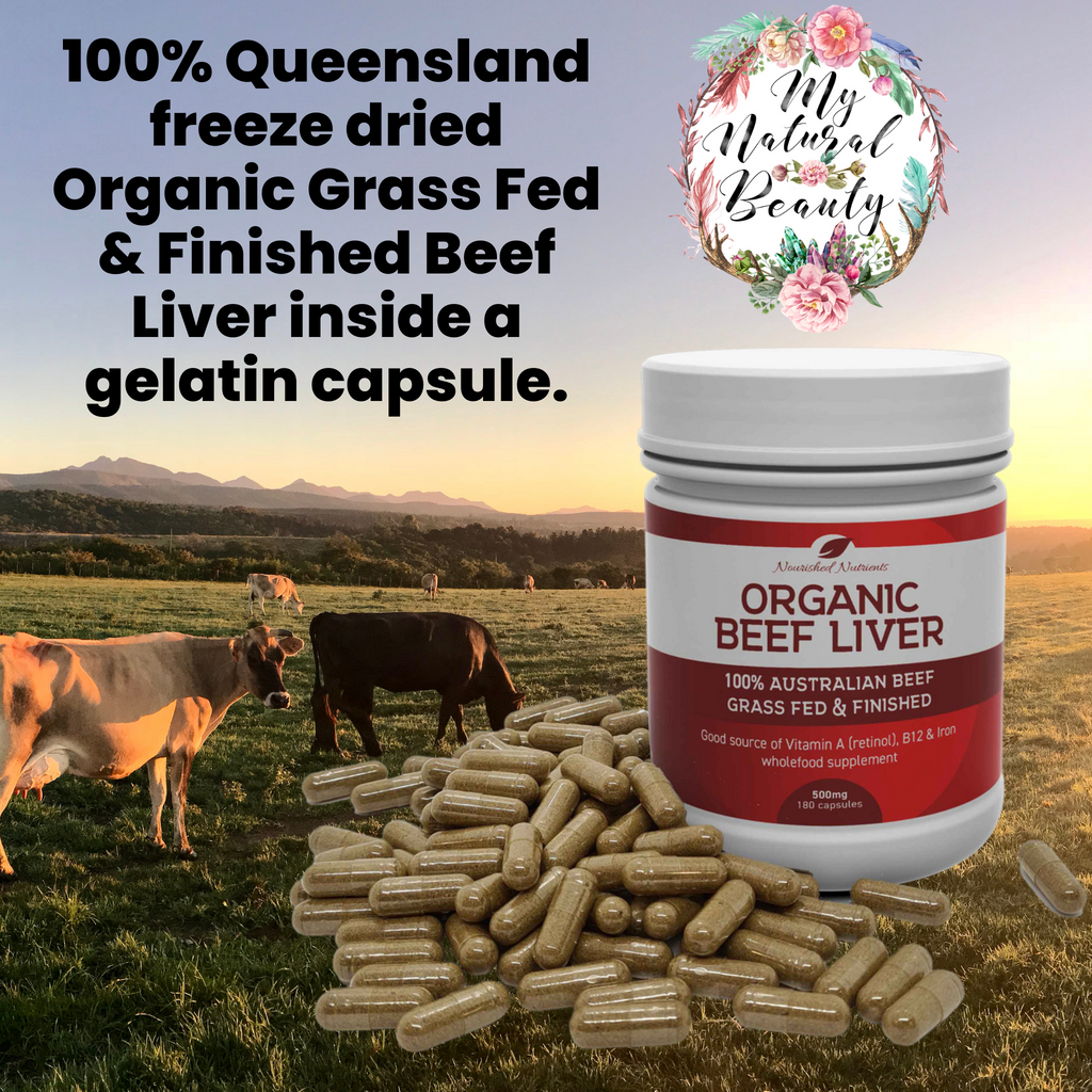 Organic Beef Liver capsules Nourished Nutrients- 100% Australian Beef- Grass Fed and Finished  500mg- 180 capsules  A good source of Vitamin A (retinol), B12 & Iron wholefood supplement.. Buy online My Natural Beauty Northern Beaches Australia. Benefits of Beef Liver Capsules