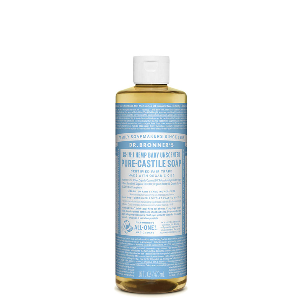 With no added fragrance and double the olive oil, our Baby Unscented Pure-Castile Liquid Soap is good for sensitive skin – babies too (though not tear-free!). Dr. Bronner’s soap is concentrated, biodegradable, versatile and effective. Made with organic and certified fair trade ingredients, packaged in a 100% post-consumer recycled bottle. All-One!   Dr. Bronner’s 18-in-1 Pure-Castile Soaps are good for just about any cleaning task. Face, body, hair – food, dishes, laundry, mopping, pets – clean your house a