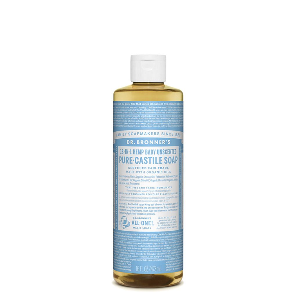 Buy online Australia.Dr. Bronner's Pure-Castile Soap Liquid (Hemp 18-in-1) Baby Unscented 473ml