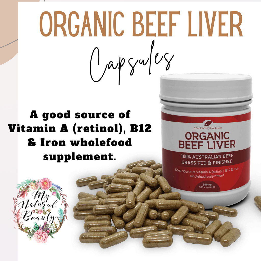 Organic Beef Liver capsules Nourished Nutrients- 100% Australian Beef- Grass Fed and Finished  500mg- 180 capsules  A good source of Vitamin A (retinol), B12 & Iron wholefood supplement.. Buy online My Natural Beauty Northern Beaches Australia. Benefits of Beef Liver Capsules