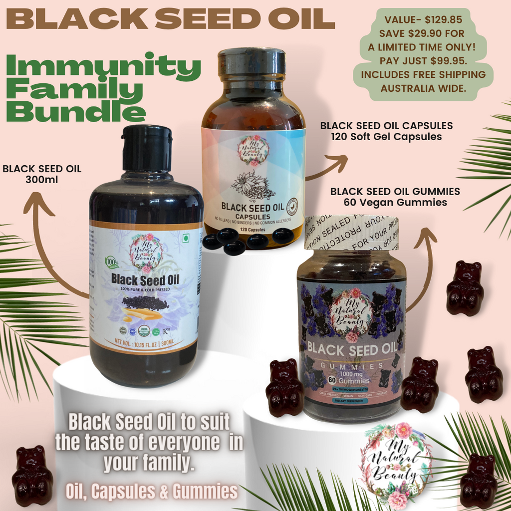  This bundle includes the following 3 popular Black Seed Oil products to suit your whole family. No matter how your family likes to take their Black Seed Oil , there is an option for everyone! Some like to take the oil,  some like capsules and others like gummies....or you may choose what you feel like each day! The following are all included in this bundle at a discounted price: