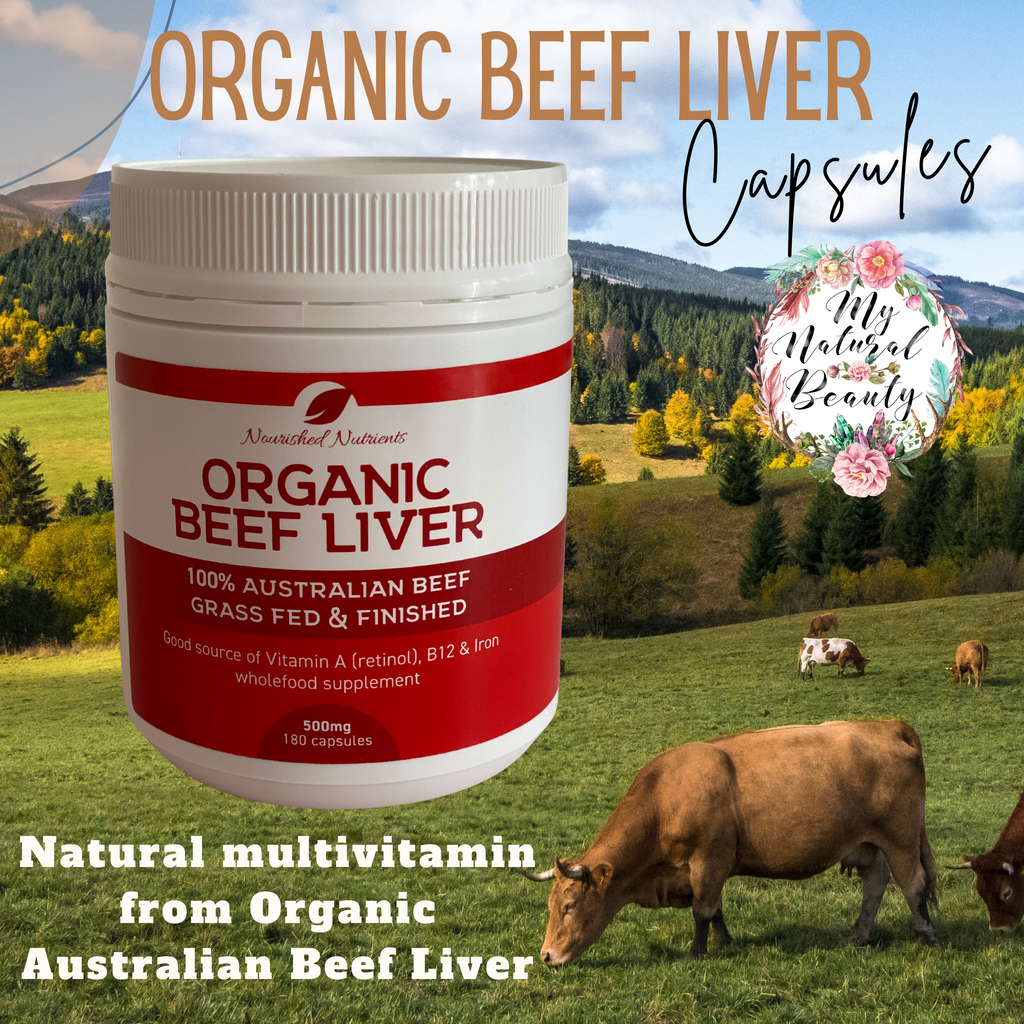 Organic Beef Liver capsules Nourished Nutrients- 100% Australian Beef- Grass Fed and Finished  500mg- 180 capsules  A good source of Vitamin A (retinol), B12 & Iron wholefood supplement.. Buy online My Natural Beauty Northern Beaches Australia. Benefits of Beef Liver Capsules