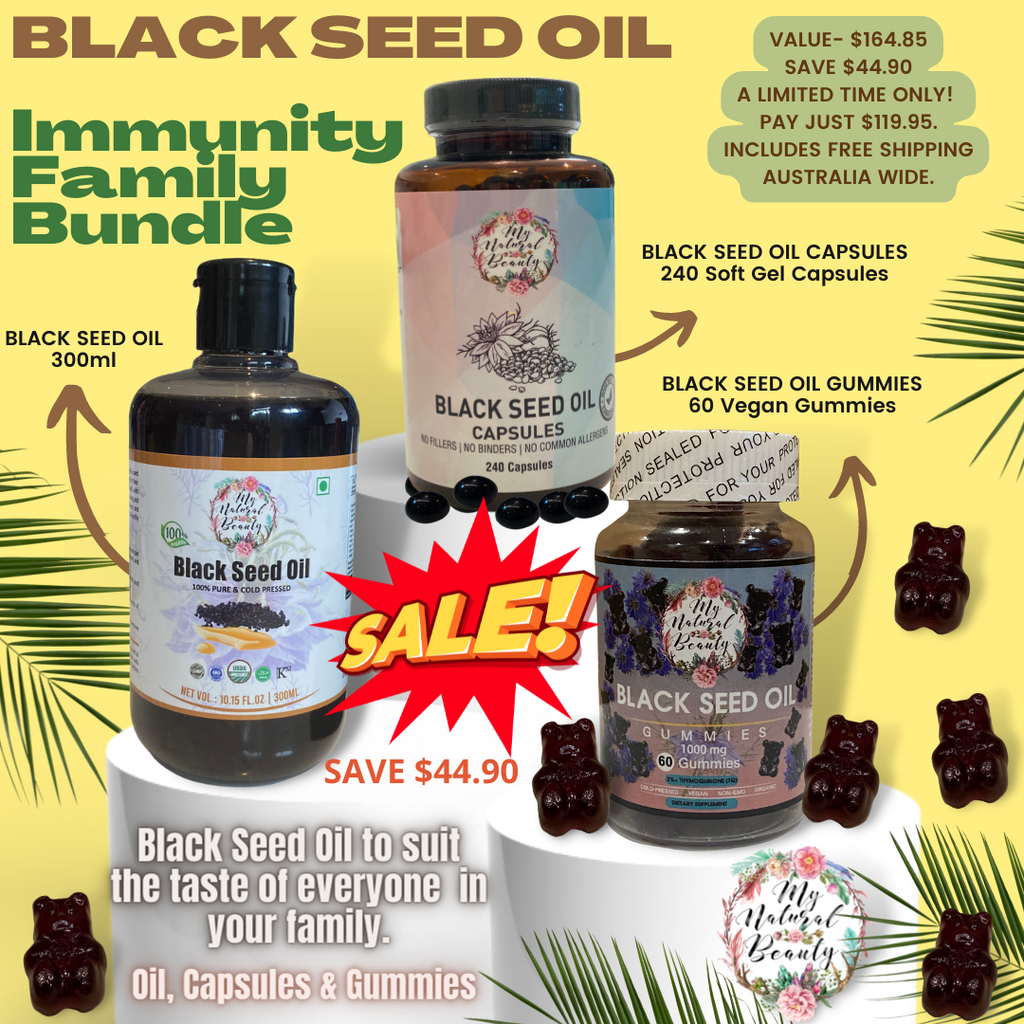 Black Seed Oil Super Family Immunity Bundle   BLACK SEED OIL (300ml), BLACK SEED OIL CAPSULES (240 caps) and BLACK SEED OIL GUMMIES (60 Gummies) BUNDLE. Save $44.90 For a limited time only.