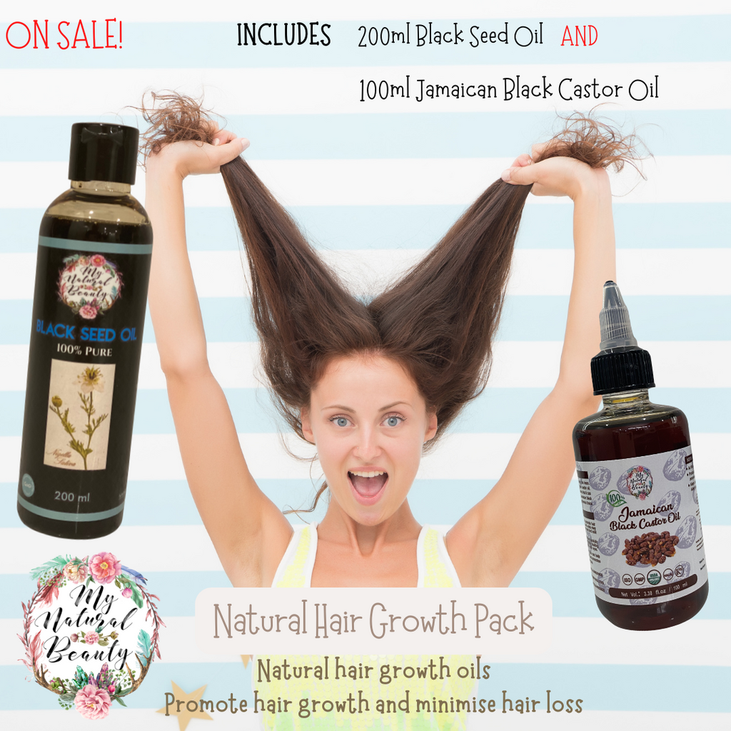 Natural Hair Growth Oils Pack- 100ml Jamaican Black Castor Oil  & 200ml Black Seed Oil  The ultimate Natural hair growth pack! 100ml 100% Pure Organic Jamaican Black Castor Oil and 200ml 100% Pure Black Seed Oil. Two amazing oils that are popular for promoting hair growth and reducing hair loss.