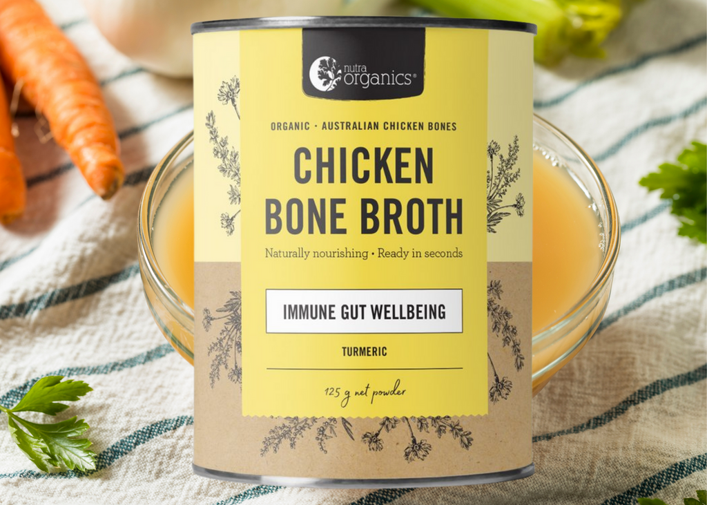 Chicken Bone Broth Turmeric- 125g        BRAND: Nutra Organics   Chicken Bone Broth Turmeric is naturally nourishing with curcumin, zinc & B vitamins to support immunity, energy and gut wellbeing.~ Ready in seconds, as tasty and nutritious as homemade and easy to take on the go!