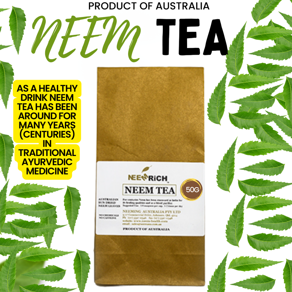 Neem Leaf Tea 50g  Leaves from Australian Neem Trees  1 – 2 cups per day   Overview:  Dried Australian Neem Leaves. Small amount per cup – 1/4 teaspoon equivalent to 1 leaf. 1 – 2 cups per day as a health drink and blood purifier.  PRODUCT OF AUSTRALIA