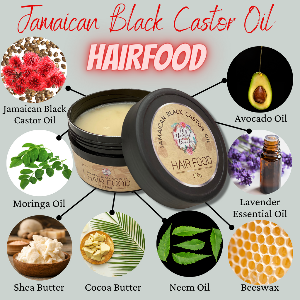 Jamaican Black Castor Oil Hair Food- 170g    Feed your hair and scalp with My Natural Beauty’s Jamaican Black Castor Oil Hair Food! Natural Hair Growth Treatment. Re-grow hair naturally. Premium ingredients for maximum results.  