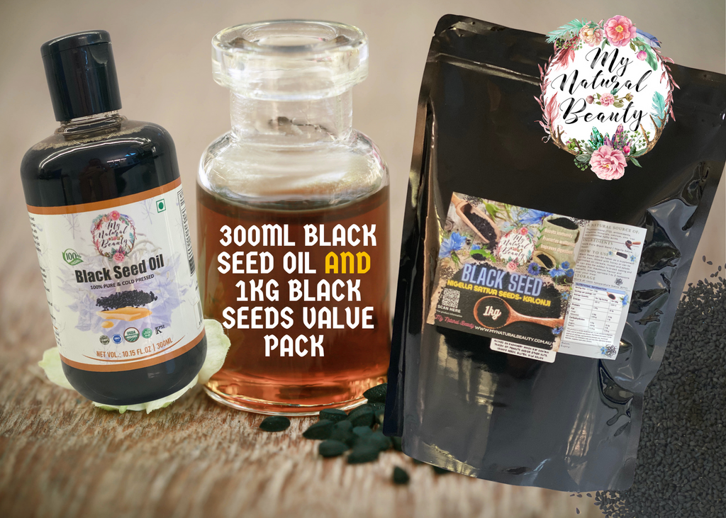 BLACK SEED OIL AND BLACK SEEDS VALUE PACK    Contains our amazing 100% Pure 300ml Organic Black Seed Oil (Nigella Sativa Oil) as well as a 1kg Packet of 100% Pure Black Seeds (Nigella Sativa Seeds).     This pack contains:    1x 300ml 100% Pure Organic Black Seed Oil (RRP $44.95)  1x 1kg Packet of 100% Pure Black Seeds (RRP $39.95)