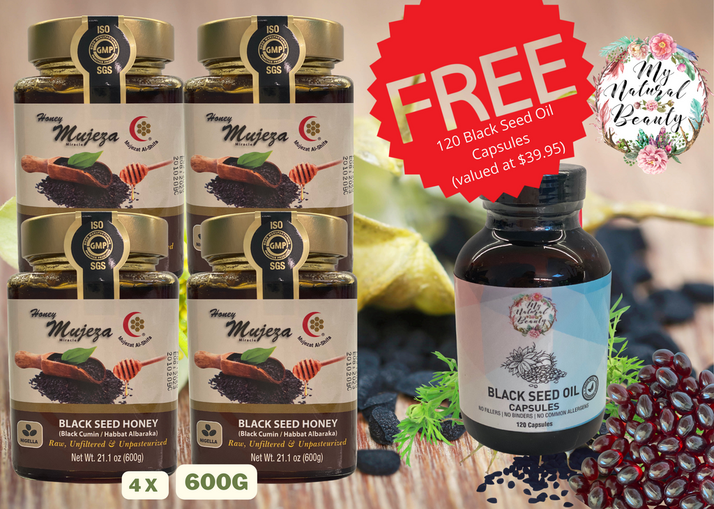 Mujeza Black Seed Honey (Black Cumin)- 4 x 600g  RECEIVE A FREE GIFT- 120 Black Seed Oil Capsules (valued at $39.95)
