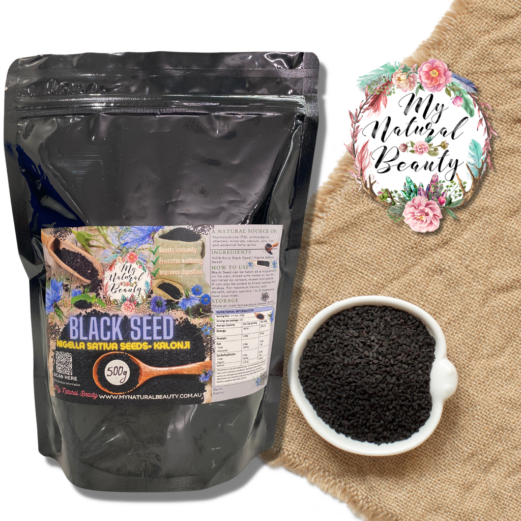 Nigella Sativa Seeds- Kalonji        ·      Boosts immunity  ·      A natural source of Thymoquinone (TQ), antioxidants, vitamins, minerals and essential fatty acids.  ·      Promotes wellbeing  ·      Improves digestion        INGREDIENTS: 100% Pure Black Seed ( Nigella Sativa Seed). Sydney Australia.