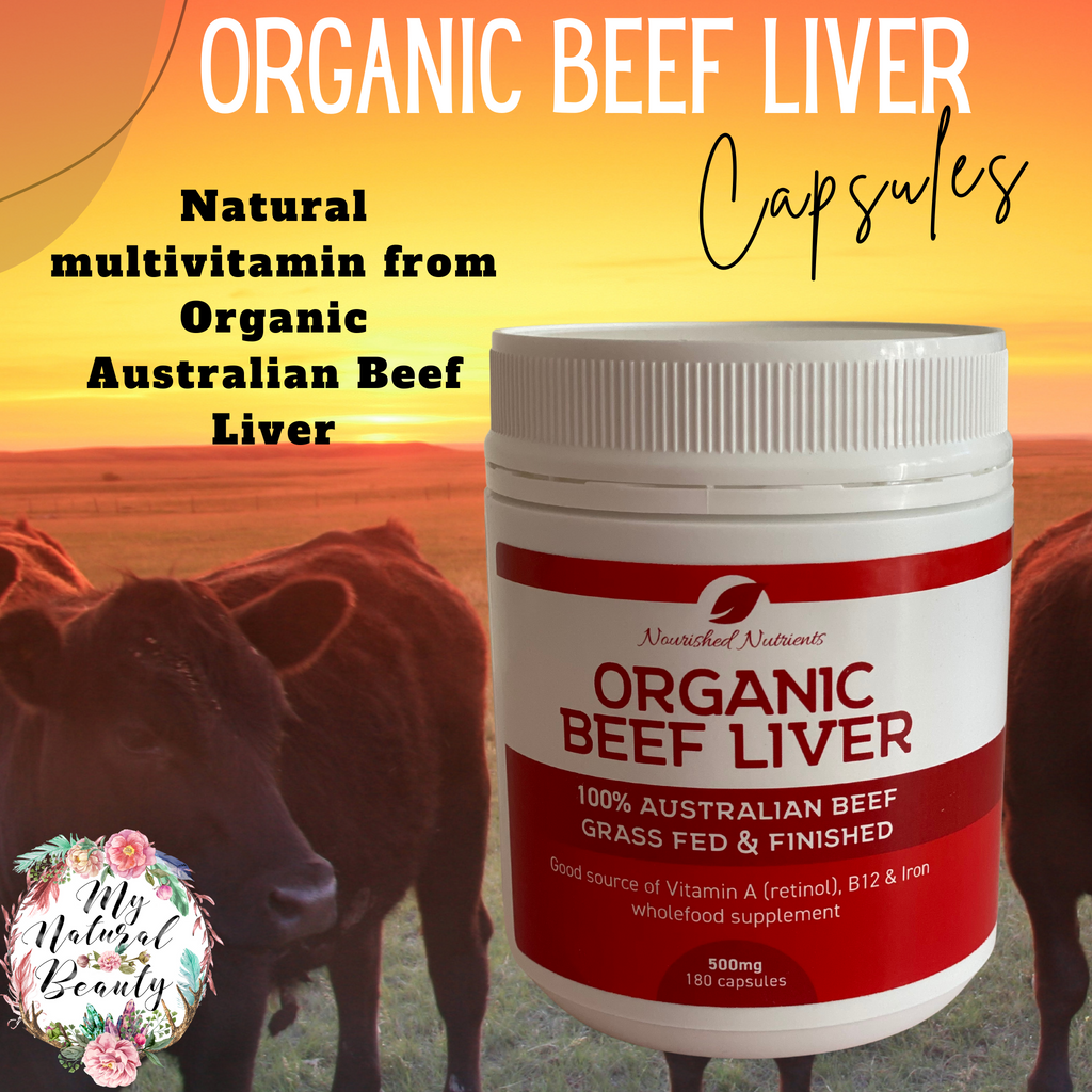 Organic Beef Liver capsules Nourished Nutrients- 100% Australian Beef- Grass Fed and Finished  500mg- 180 capsules  A good source of Vitamin A (retinol), B12 & Iron wholefood supplement.. Buy online My Natural Beauty Northern Beaches Australia. Benefits of Beef Liver Capsules