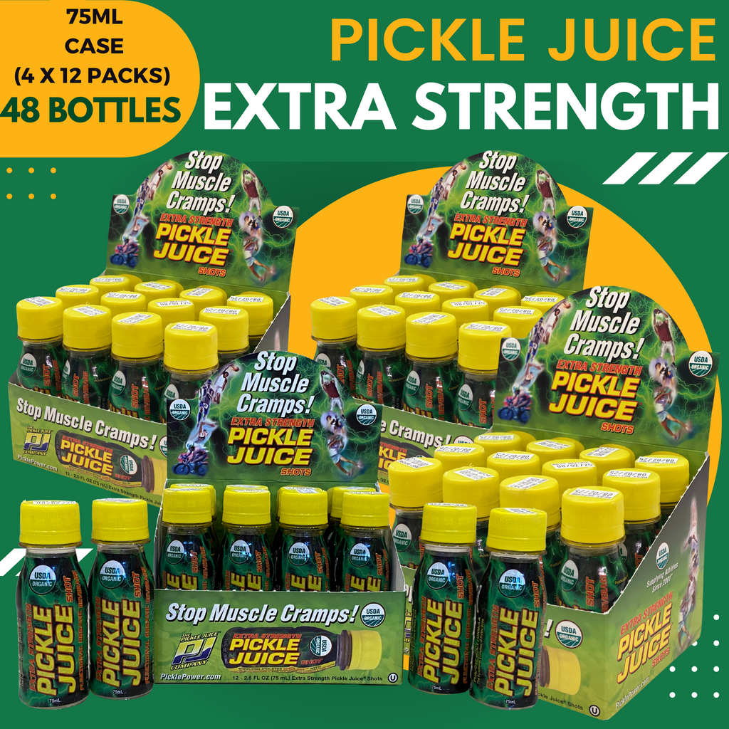 Buy Pickle Juice in bulk Australia.PICKLE JUICE - CASE OF 48  x 75ML (4 x 12 PACKS) - EXTRA STRENGTH