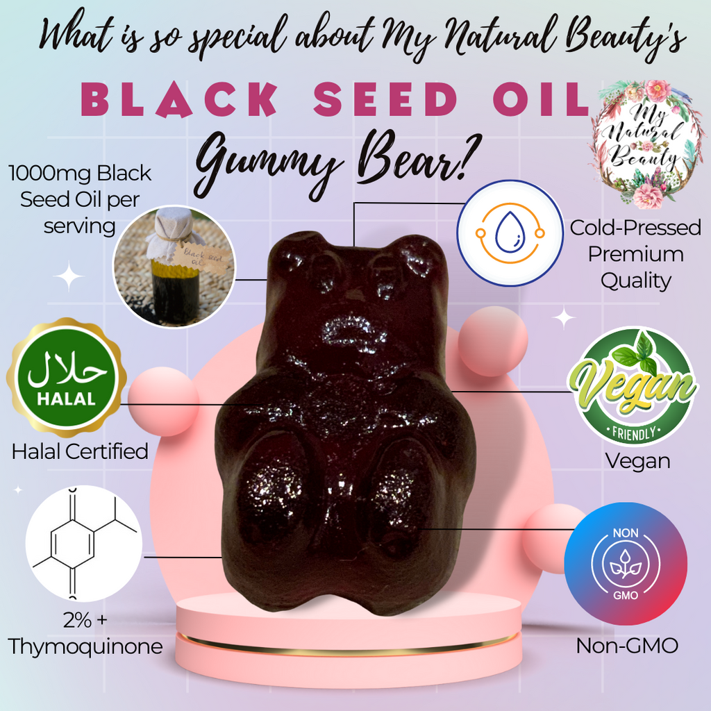 BLACK SEED OIL GUMMIES- 120 Gummies (2 jars of 60)     You will receive 2x jars of 60 gummies (120 gummies total). You will also receive free shipping Australia Wide! Save $10.00. Usually $39.95 per jar.   BLACK SEED OIL GUMMY BEARS. COLD-PRESSED.  MAXIMUM POTENCY. VEGAN. NON-GMO.      1000mg of Black Seed Oil per serving. 2% Thymoquinone (TQ). Australia.