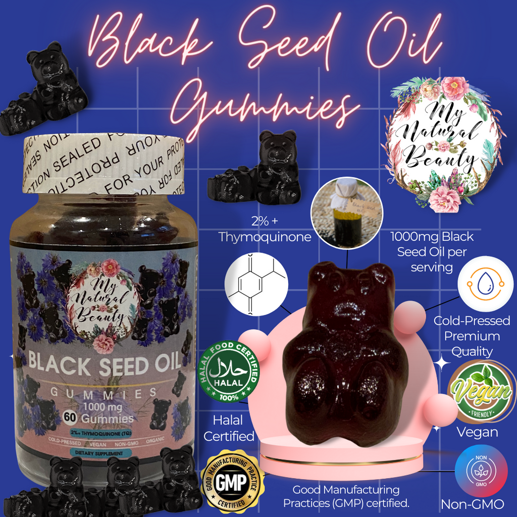 BLACK SEED OIL GUMMIES- 120 Gummies (2 jars of 60)     You will receive 2x jars of 60 gummies (120 gummies total). You will also receive free shipping Australia Wide! Save $10.00. Usually $39.95 per jar.   BLACK SEED OIL GUMMY BEARS. COLD-PRESSED.  MAXIMUM POTENCY. VEGAN. NON-GMO.      1000mg of Black Seed Oil per serving. 2% Thymoquinone (TQ). Australia.