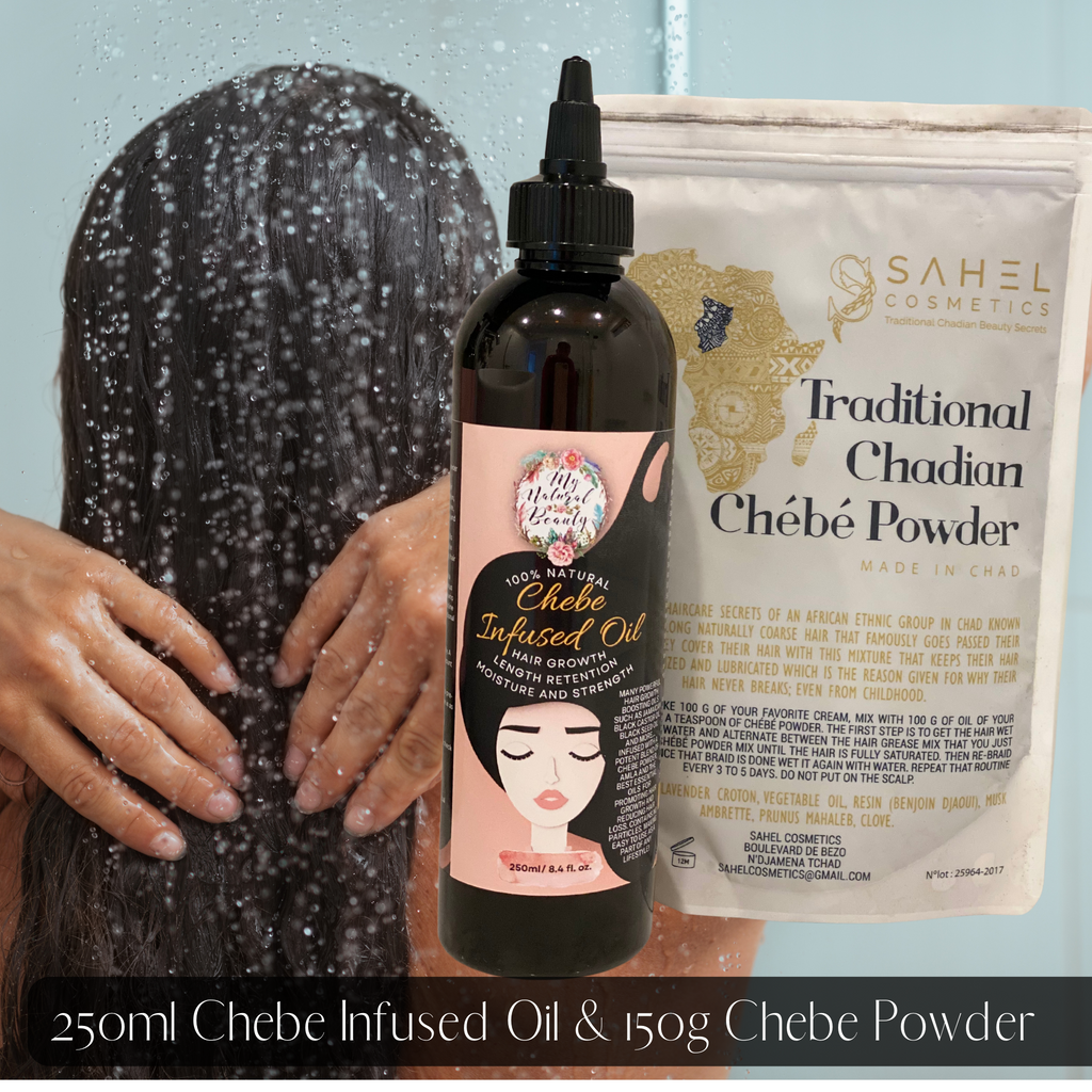  Chebe Infused Oil- 250ml     My Natural Beauty’s Chebe Infused Oil is a potent 100% Natural infusion of authentic Chebe Powder from Chad, Amla (Indian Gooseberry) - the Ayurvedic medicine secret to hair growth, Organic Jamaican Black Castor Oil, Organic Black Seed Oil, Essential Oils and many other highly beneficial natural oils for hair.