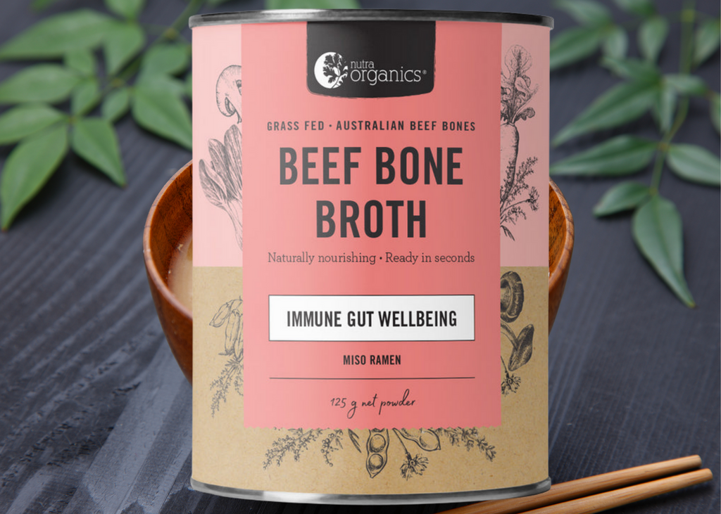 Beef Bone Broth Miso Ramen - 125g       BRAND: Nutra Organics   Beef Bone Broth Miso Ramen is a naturally nourishing instant ramen bone broth with zinc and B vitamins to support immunity, energy and gut wellbeing.~ Ready in seconds, as tasty and nutritious as homemade and easy to take on the go. 