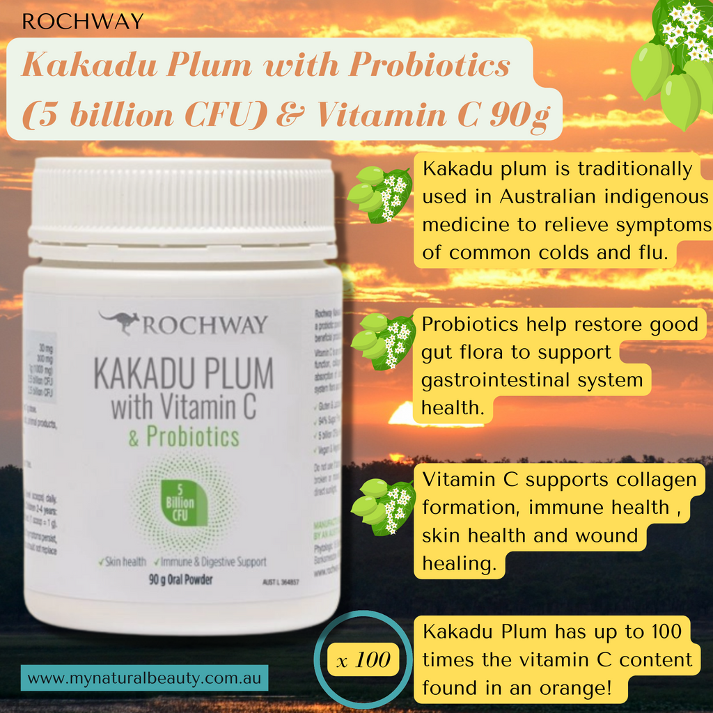    FEATURES:       ·      Vitamin C supports collagen formation, immune health , skin health and wound healing.   ·      Kakadu plum is traditionally used in Australian indigenous medicine to relieve symptoms of common colds and flu   ·      Probiotics help restore good gut flora to support gastrointestinal system health