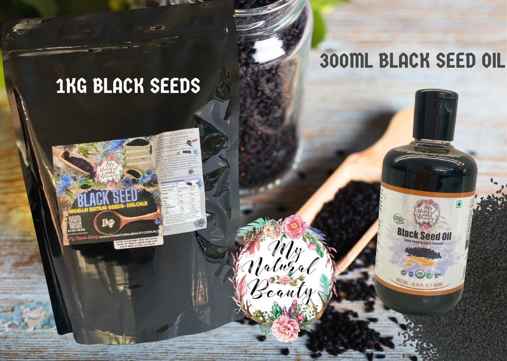 BLACK SEED OIL AND BLACK SEEDS VALUE PACK    Contains our amazing 100% Pure 300ml Organic Black Seed Oil (Nigella Sativa Oil) as well as a 1kg Packet of 100% Pure Black Seeds (Nigella Sativa Seeds).     This pack contains:    1x 300ml 100% Pure Organic Black Seed Oil (RRP $44.95)  1x 1kg Packet of 100% Pure Black Seeds (RRP $39.95)