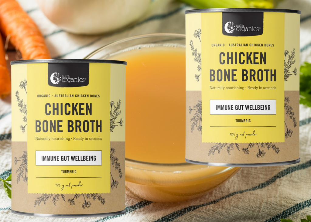 Chicken Bone Broth Turmeric- 2x 125g        BRAND: Nutra Organics   Chicken Bone Broth Turmeric is naturally nourishing with curcumin, zinc & B vitamins to support immunity, energy and gut wellbeing.~