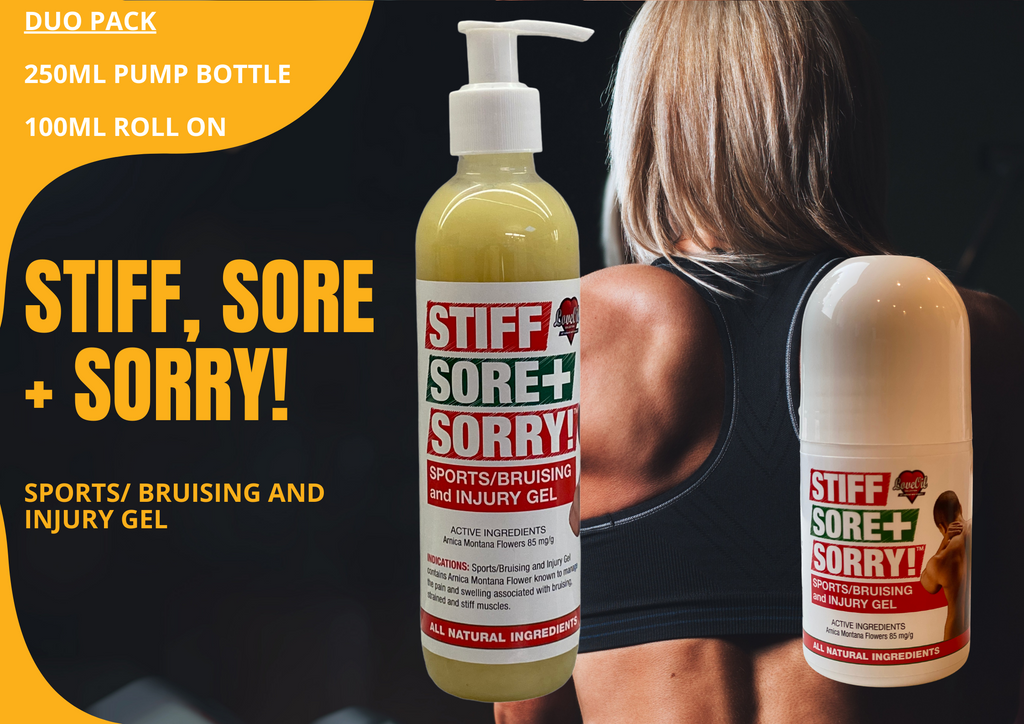Stiff Sore + Sorry Sports/ Bruising and Injury Gel – 100ml or 250ml. Many Package options.. Buy online Sydney Australia. Northern Beaches. Free shipping over $60.00
