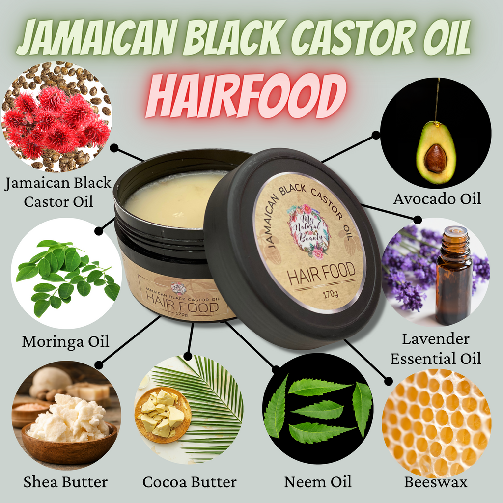 Jamaican Black Castor Oil Hair Food- 170g    Feed your hair and scalp with My Natural Beauty’s Jamaican Black Castor Oil Hair Food! Natural Hair Growth Treatment. Re-grow hair naturally. Premium ingredients for maximum results.  