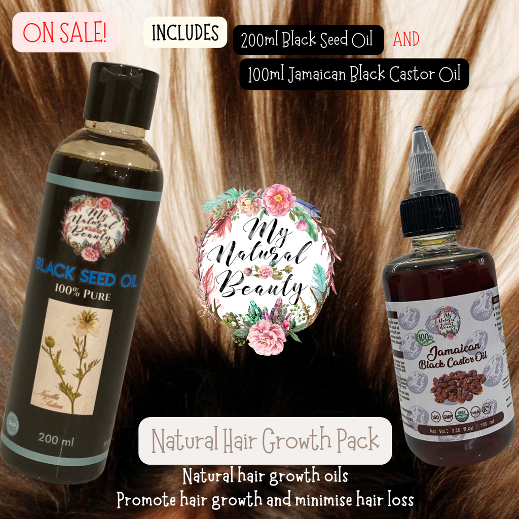 Natural Hair Growth Oils Pack- 100ml Jamaican Black Castor Oil  & 200ml Black Seed Oil  The ultimate Natural hair growth pack! 100ml 100% Pure Organic Jamaican Black Castor Oil and 200ml 100% Pure Black Seed Oil. Two amazing oils that are popular for promoting hair growth and reducing hair loss.