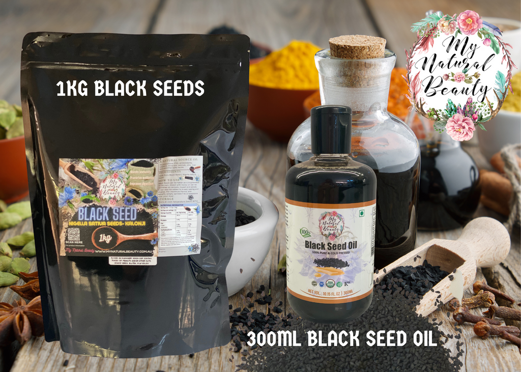 BLACK SEED OIL AND BLACK SEEDS VALUE PACK    Contains our amazing 100% Pure 300ml Organic Black Seed Oil (Nigella Sativa Oil) as well as a 1kg Packet of 100% Pure Black Seeds (Nigella Sativa Seeds).     This pack contains:    1x 300ml 100% Pure Organic Black Seed Oil (RRP $44.95)  1x 1kg Packet of 100% Pure Black Seeds (RRP $39.95)