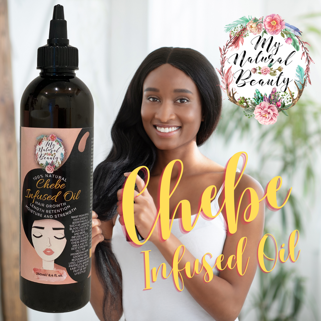My Natural Beauty Chebe Infused Oil benefits may include:     ·      Helps to strengthen hair strands  ·      Promotes the growth of longer and stronger hair  ·      Increased retention of moisture   ·      Increased hair length retention
