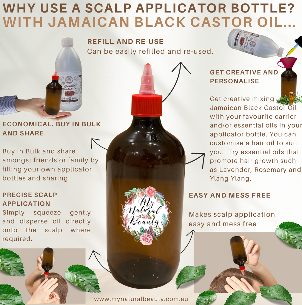 100ml or 500ml bottle with an applicator cap  These applicator bottles are empty and designed for filling with your favourite oil or DIY blends for easy scalp or skin application. Simply use a funnel and fill with your product, put on the lid and you are ready to go. This is perfect for creating your own blends. Fill, shake it up and apply. You can also store your product in these bottles and they are an ideal size for travelling. They can be re-used again and again.