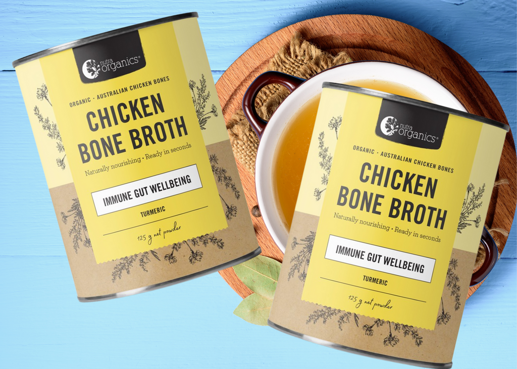 Chicken Bone Broth Turmeric- 2x 125g        BRAND: Nutra Organics   Chicken Bone Broth Turmeric is naturally nourishing with curcumin, zinc & B vitamins to support immunity, energy and gut wellbeing.~