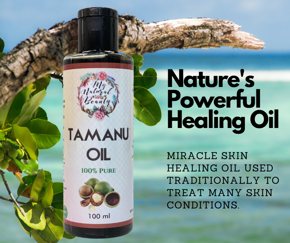 The Ultimate Skin Healing Oil     INGREDIENTS: 100% Pure Calophyllum Inophyllum (Tamanu) Seed Oil  Cold-Pressed and made with Organic ingredients  BOTANICAL NAME:  Calophyllum Inophyllum (Tamanu) Seed Oil