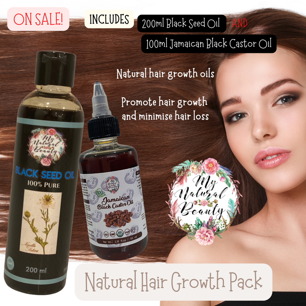 Natural Hair Growth Oils Pack- 100ml Jamaican Black Castor Oil  & 200ml Black Seed Oil  The ultimate Natural hair growth pack! 100ml 100% Pure Organic Jamaican Black Castor Oil and 200ml 100% Pure Black Seed Oil. Two amazing oils that are popular for promoting hair growth and reducing hair loss.