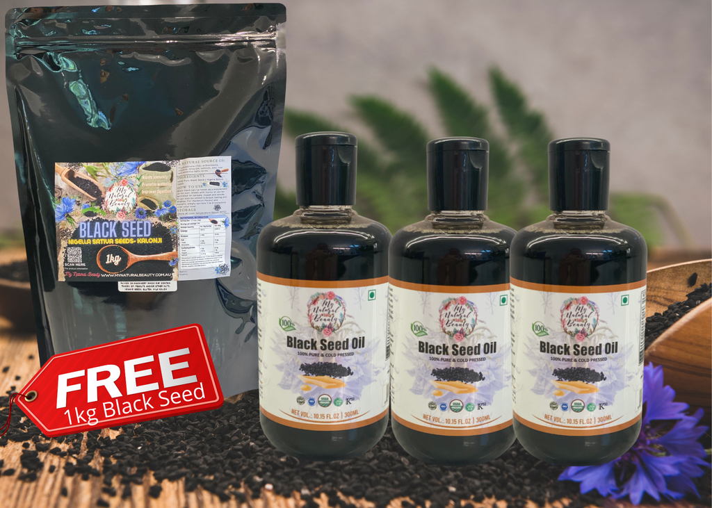Organic Black Seed Oil. Bulk 900ml. 3 x 300ml Bottles. Buy online Sydney Australia. FREE Shipping PLUS a FREE 1kg Bag of Black Seed (Nigella Sativa Seed).