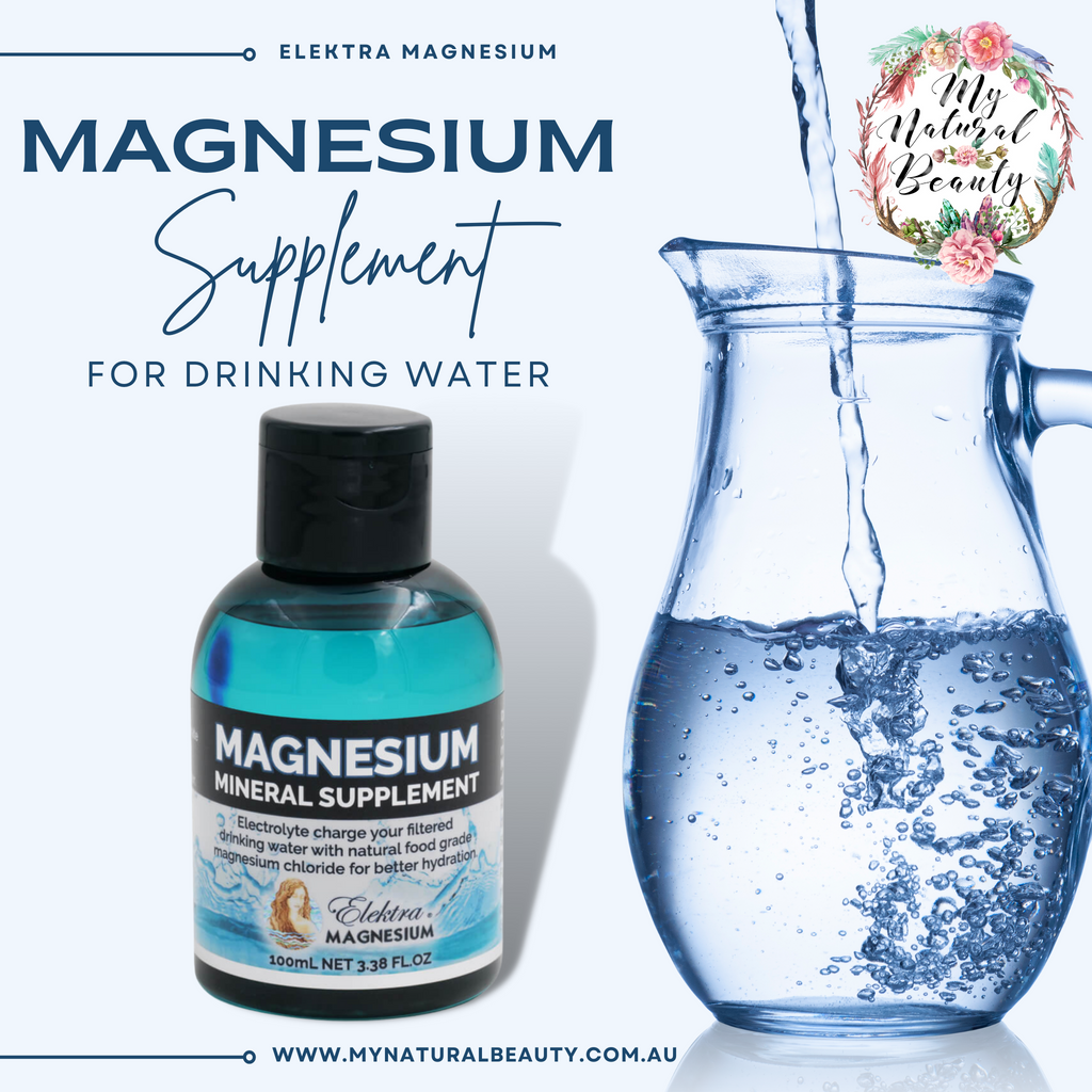 Magnesium Mineral Supplement for Drinking Water 100mL  Brand: Elektra Magnesium   Add liquid magnesium chloride (certified food grade) drops to filtered drinking water to charge it with electrolytes. It mimics natural spring water from the mountains. Tastes great with velvety smooth texture. It's easier to drink more for better hydration.  Improve hydration at a cellular level with electrolyte drops supplement for drinking water.