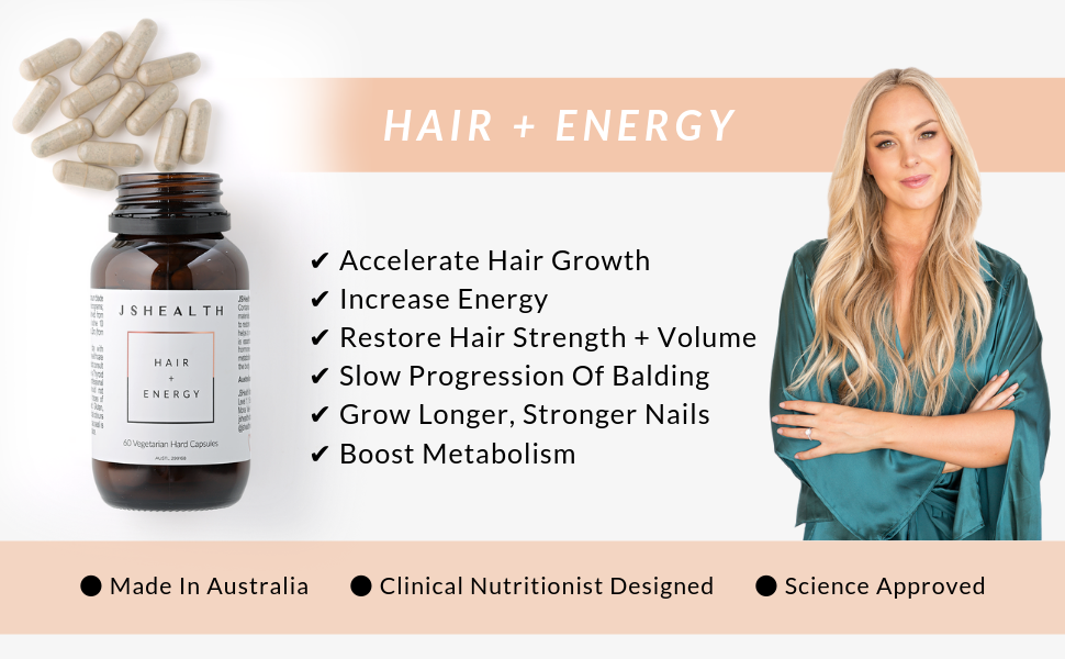 Support healthy, luscious locks and lasting energy with our best-selling hair vitamins! Our Hair + Energy formula contains an exclusive type of Kelp (which JSHealth have even trademarked!), proven to support hair growth... Nothing but the best! These hair supplements have achieved the most incredible results! HAIR: These vitamins contain a therapeutic dose of Iodine from Kelp, which helps to restore hair strength and volume and naturally supports hair growth, as well as Zinc, which helps maintain normal hea