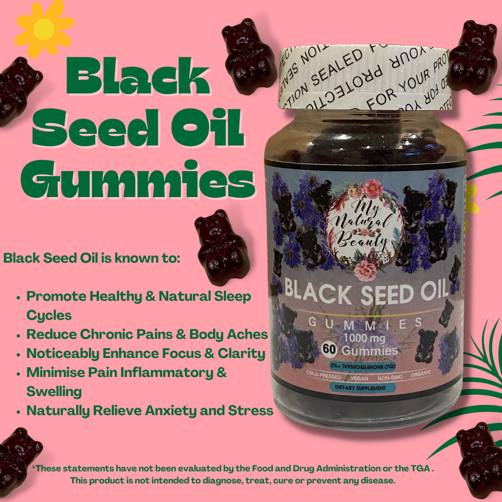  BLACK SEED OIL GUMMY BEARS. COLD-PRESSED. MAXIMUM POTENCY. VEGAN. NON-GMO.     1000mg of Black Seed Oil per serving. 2% Thymoquinone (TQ).     The same amazing benefits, minus the strong taste of taking Black Seed Oil and a great alternative for those who do not like swallowing capsules. Try our tasty Cold-Pressed Black Seed Gummies instead. Improve your health and wellness with the power of Black Seed Oil.  