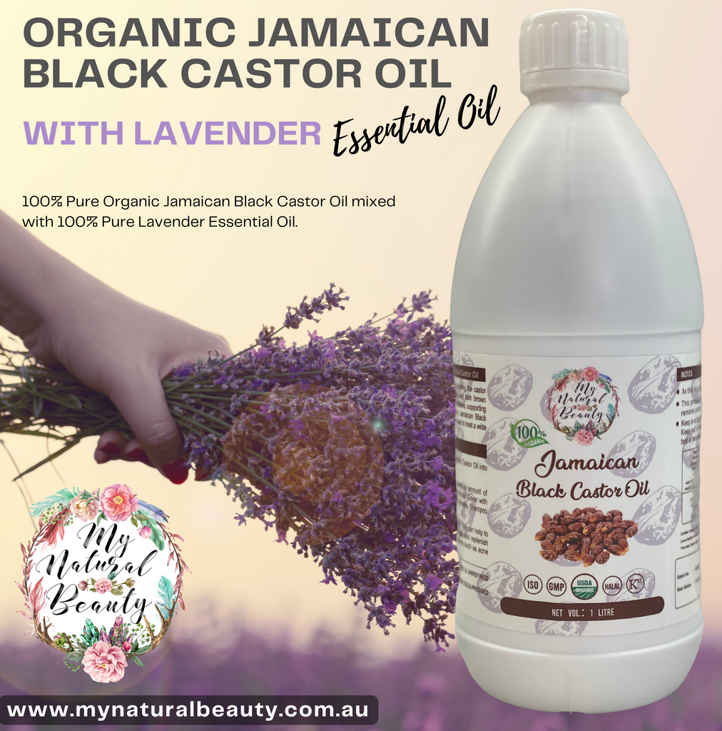 Organic Jamaican Black Castor Oil infused with Lavender Essential Oil -1 Litre Shipping is FREE Australia wide for this product! Jamaican Black Castor Oil with Lavender Essential Oil -100 % PURE and Natural- Hair loss treatment. Re-grow hair naturally! INGREDIENTS 100% Organic Jamaican Black Castor Oil and Lavender Essential Oil. A potent and natural combination of oils that help to reduce hair loss and stimulates new hair growth.